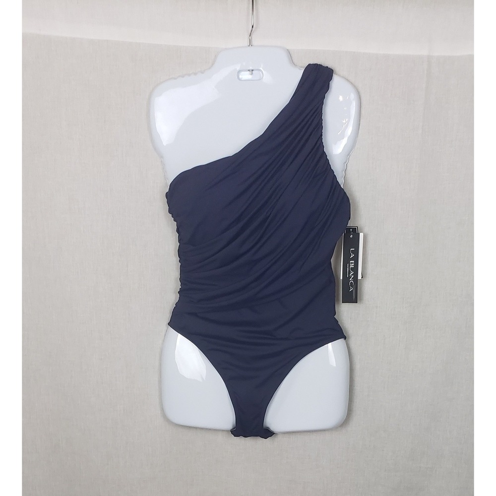 La Blanca One Shoulder Tummy Control Ruched One Piece Swimsuit Navy Blue 8 Sexy - Picture 2 of 8